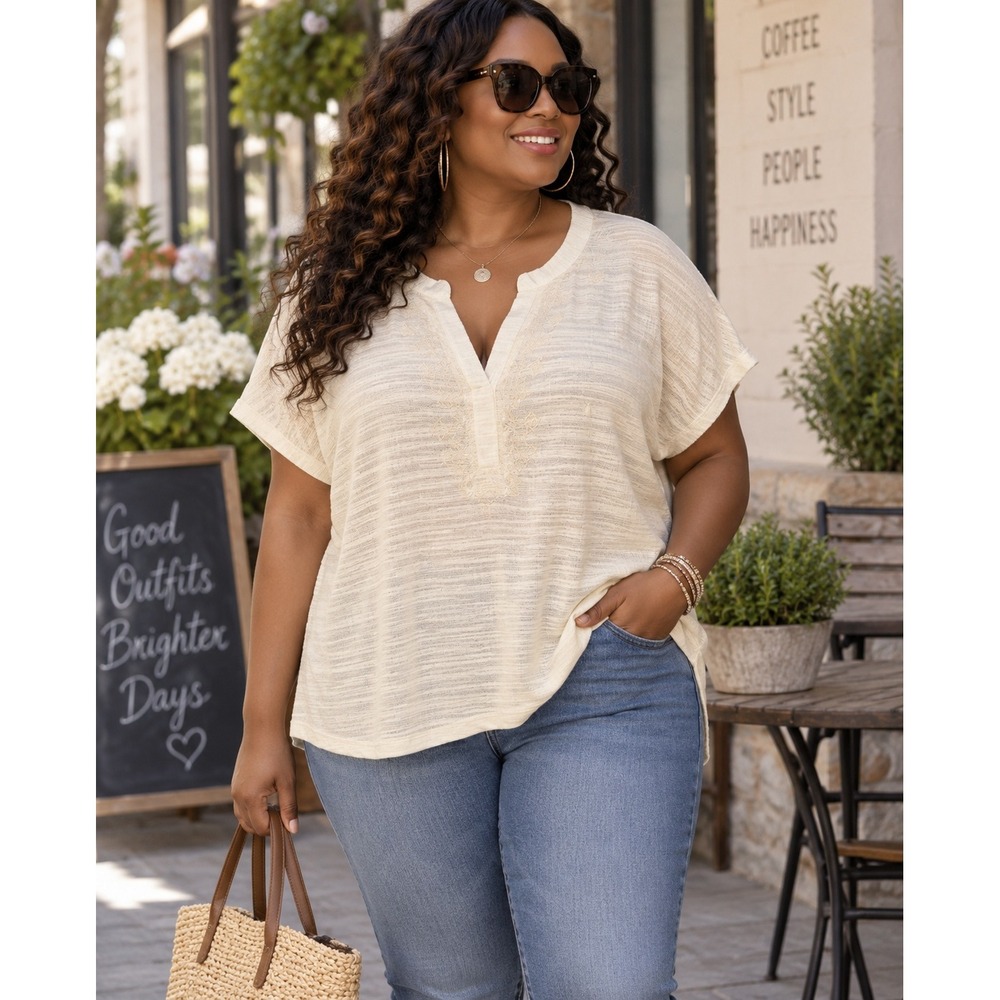 Orvis Women XXL Cream Embroidered V-Neck Textured Slub Knit Short Sleeve Top